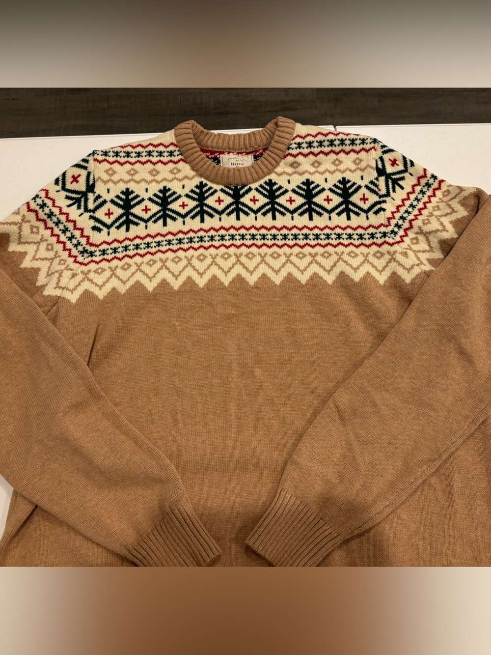 Hope and Henry Men's Sweater Fair Isle Crewneck Organic Cotton Camel Red Green
